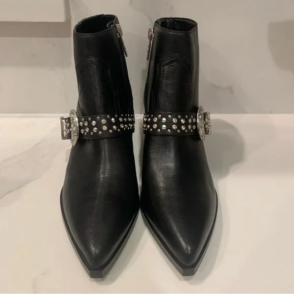 Guess Hermina Black Leather Moto Studded Western Ankle Boots Bootie 6.5 Cowboy - Picture 4 of 12